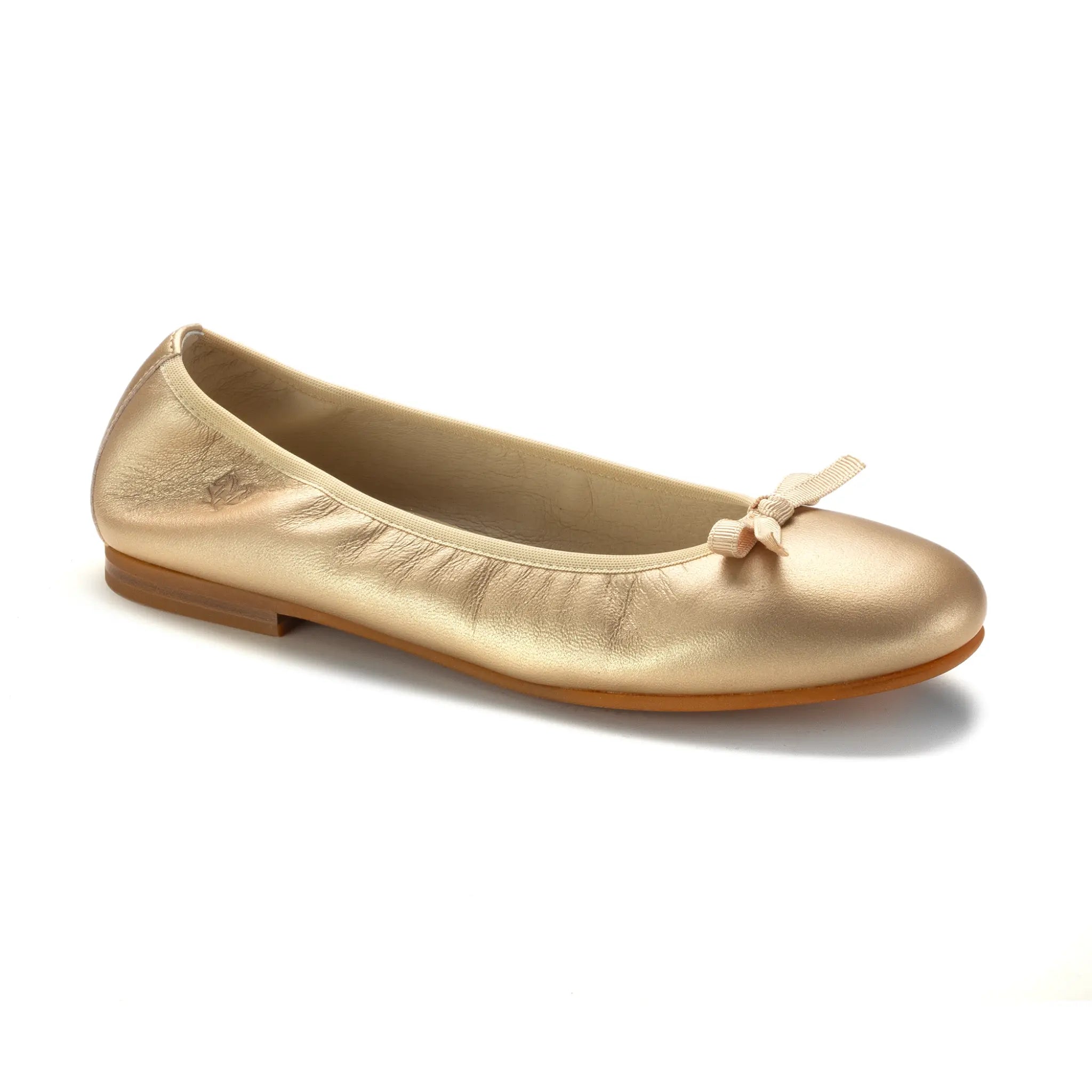 1628 - Gold Leather Girls Dressy Bow Shoe