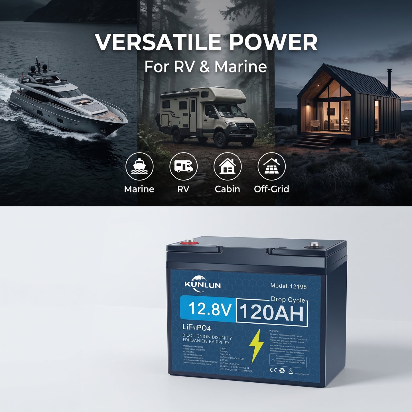 🔥Summer Sale🔥KUNLUN 12V 120Ah LiFePO4 Lithium Battery (Group 24 Size)