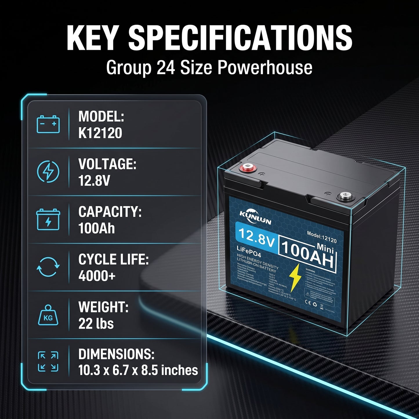 🔥Summer Sale🔥KUNLUN 12V 120Ah LiFePO4 Lithium Battery (Group 24 Size)