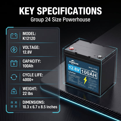 🔥Summer Sale🔥KUNLUN 12V 120Ah LiFePO4 Lithium Battery (Group 24 Size)
